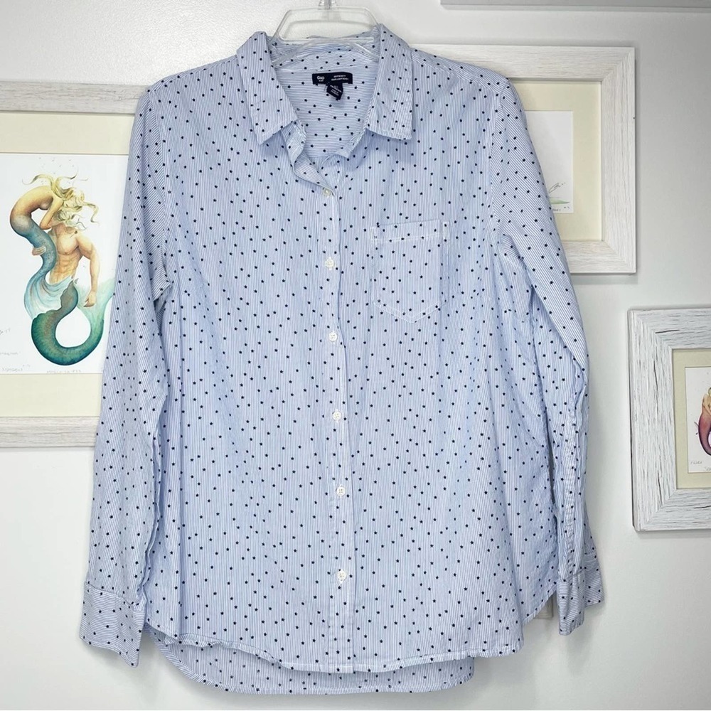 GAP Factory Blue & White Stripe Star Boyfriend Button Up Shirt Size Large